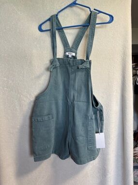 ZINNIA Green Denim Short Overalls